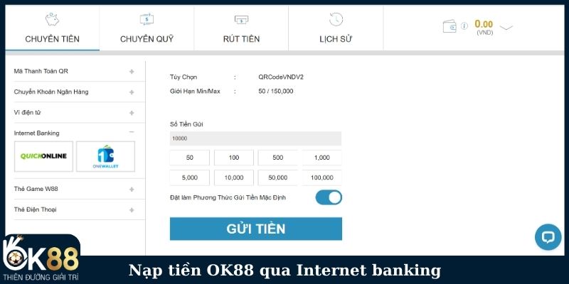 Nạp tiền OK88 qua Internet banking