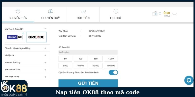 Nạp tiền OK88 theo mã code